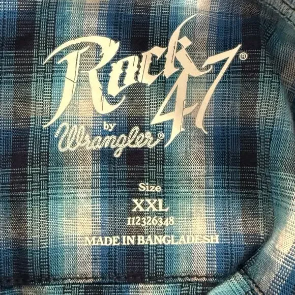 Wrangler Rock 47 Men’s Western Pearl Snap Shirt XXL Blue Plaid Long Sleeve EUC - Picture 9 of 12